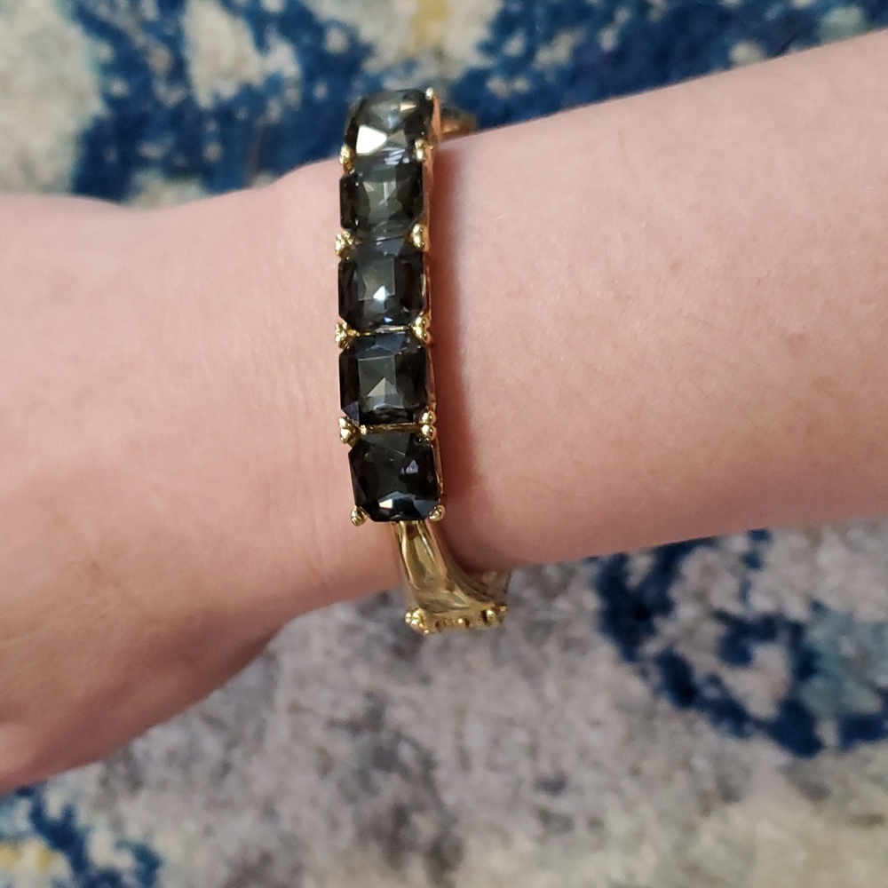 Palm Beach Gold Hinged Bangle Bracelet Smoky Gray Faceted Crystal Rhinestones